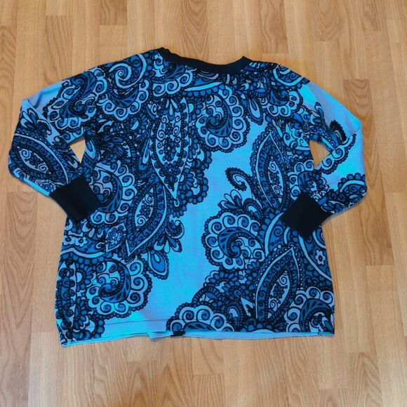 Bob Mackie Cardigan Sweater Womens 1X Blue Black Paisley Wearable Art Button Up - Picture 4 of 7